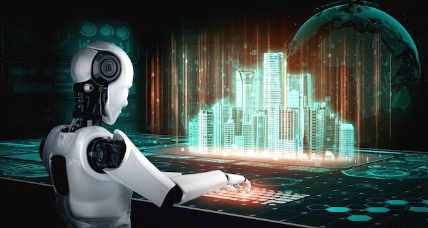 robot humanoid use laptop and sit at table for global network connection