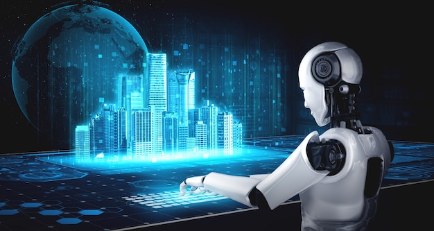 robot humanoid use laptop and sit at table for global network connection