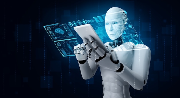 Robot humanoid use mobile phone or tablet for big data analytic