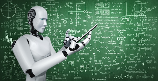 robot humanoid use mobile phone or tablet for engineering science studying
