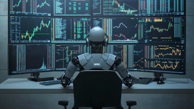 Robot stock trader analyzing realtime data from multiple computer screens making investment