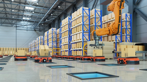 robotic arm for packing with producing and maintaining logistics systems using automated guided vehicle (agv),3d rendering