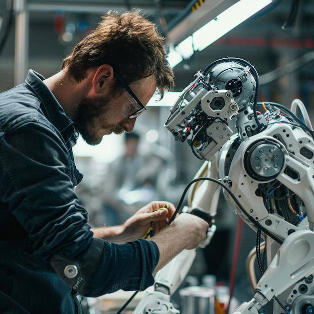 robotics engineer examining robot in factory