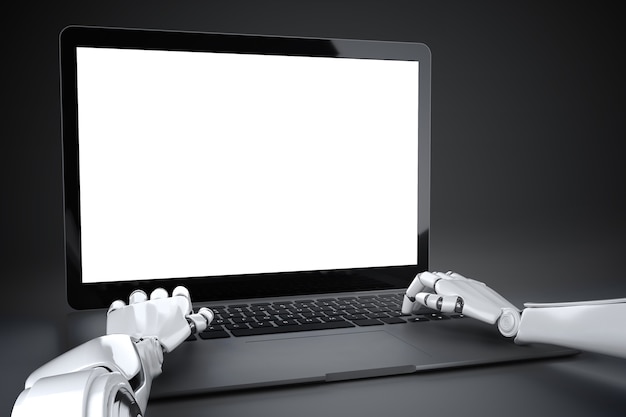 Robotin kädet kirjoittavat kannettavan tietokoneen näppäimistöllä tyhjän näytön edessä, 3D-kuvitus