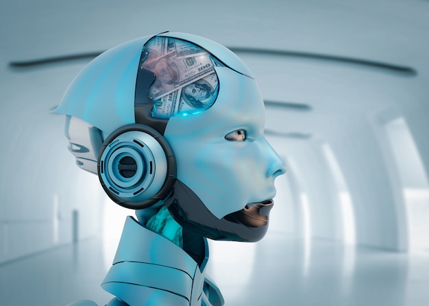 Robots generating money represented with coins and banknotes