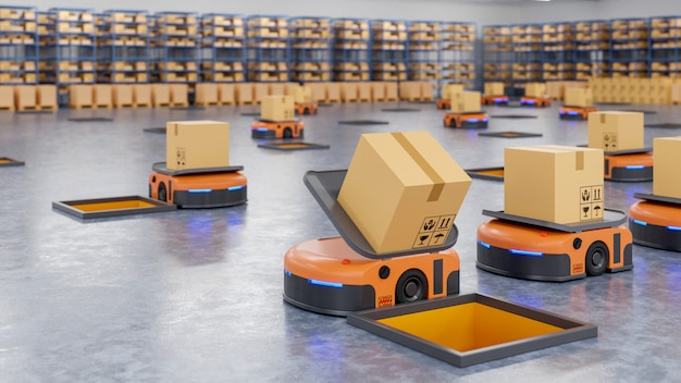 Robottiarmeija lajittelee tehokkaasti satoja paketteja tunnissa (Automaattiohjattu ajoneuvo) AGV.