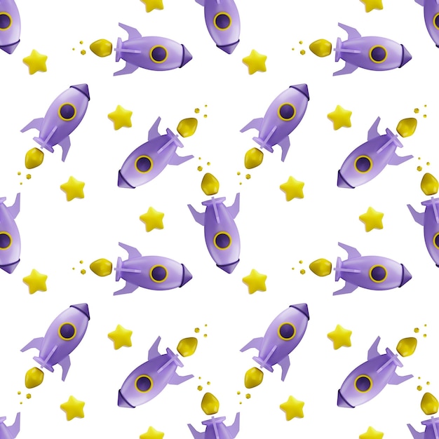 Rocket and stars on a white background seamless pattern background 3d render