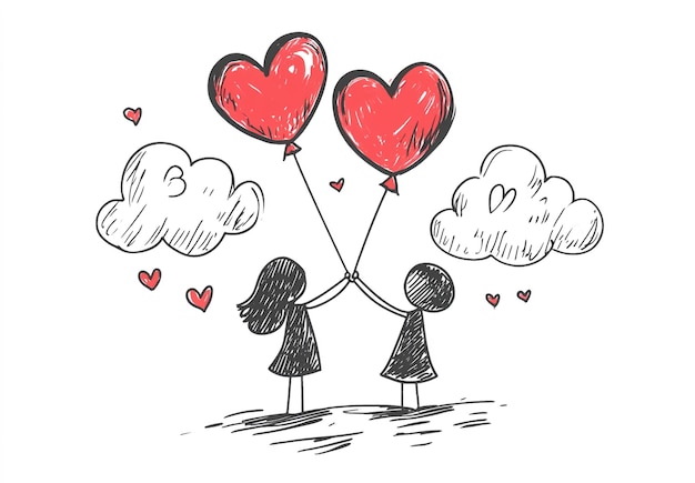 Romantic drawing of people with red heartshaped balloons