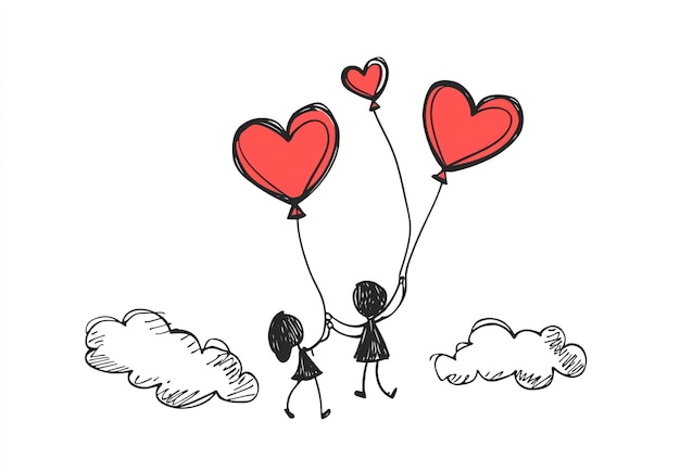 Romantic drawing of people with red heartshaped balloons