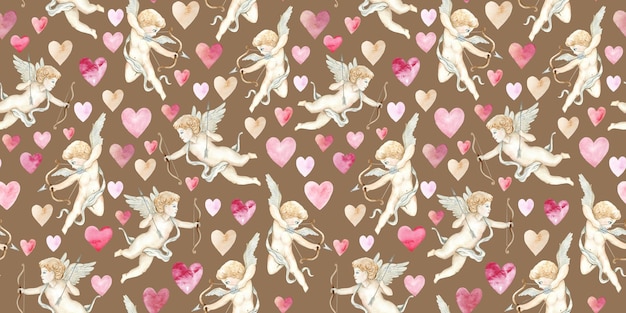 Romantic seamless watercolor watercolor pattern with arrows of cupid angels shooting arrows and