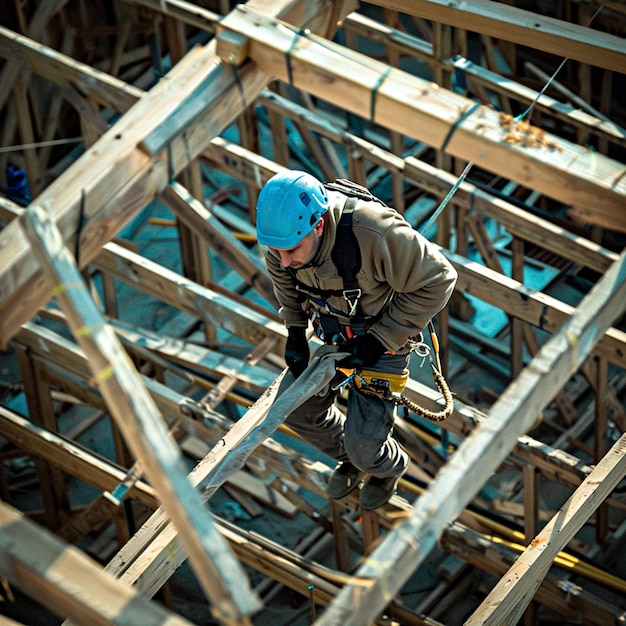 Rooferbuilder working on roof structure of building on construction site