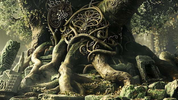 Roots of Ancient Tree Entwining Mystical Artifacts of Forgotten Civilization