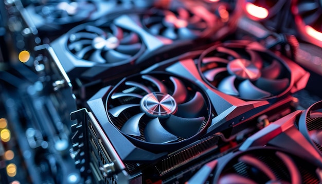 rows of illuminated computer graphics cards with cooling fans