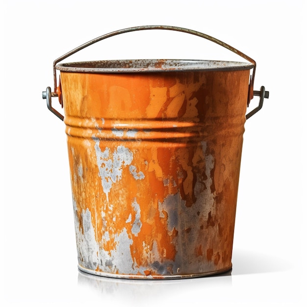 rusty metal bucket with handle on white background with light reflection generative ai