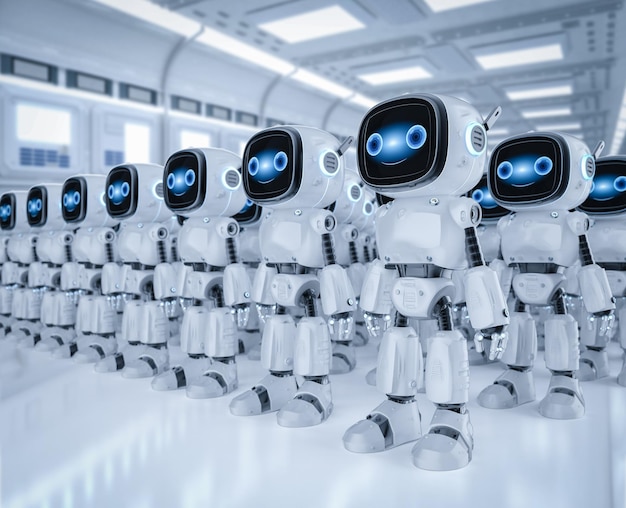Ryhmä pieniä robottiapulaisia tehtaassa