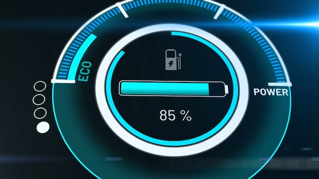 Sähköauton akku latauksessa futuristisessa kojelaudassa