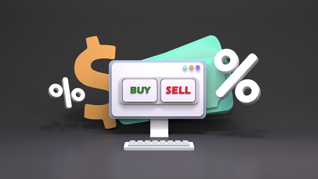 Sale or purchase of assets. Buttons to buy and sell on the background of the dollar sign and banknotes. 3d rendering