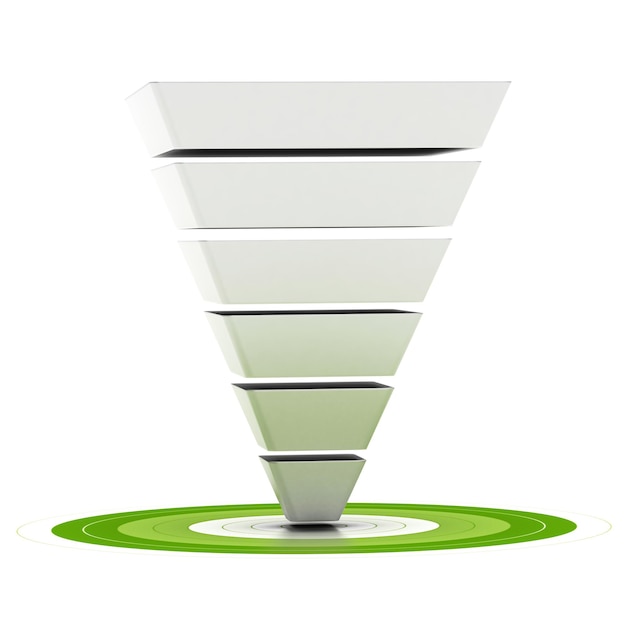 Sales funnel with six stages easily customizable pointing to a green target, can be used as a marketing funnel, diagram over white background