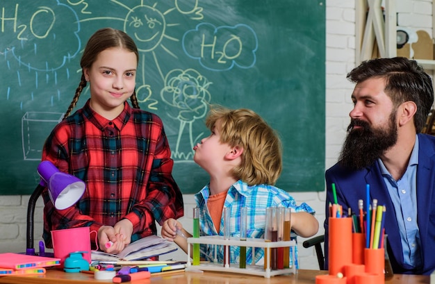 School chemistry laboratory Laboratory Research Scientific project For Chemical test back to school Science and education chemistry lab happy children teacher Science is worth exploring