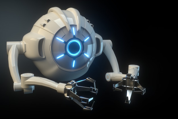 Sci fi flying drone with camera or futuristic assembly machine isolated on black wall. Future technologies, artificial intelligence. 3D render, 3D illustration.