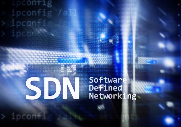 SDN Software defined networking concept on modern server room background
