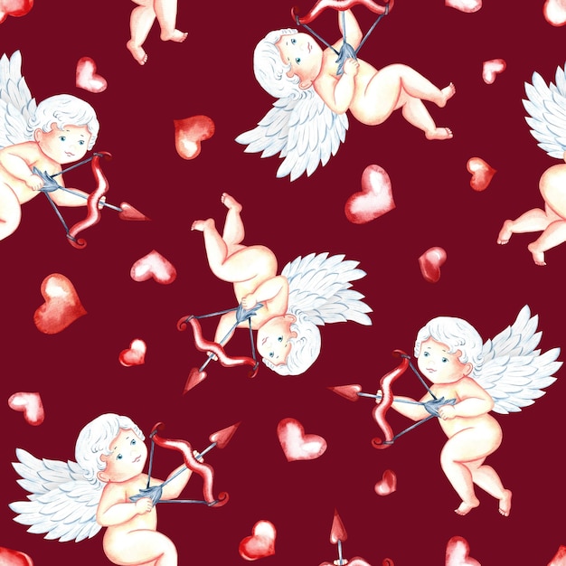 Seamless pattern with cute cupids with bow arrows and hearts Handdrawn watercolor illustration