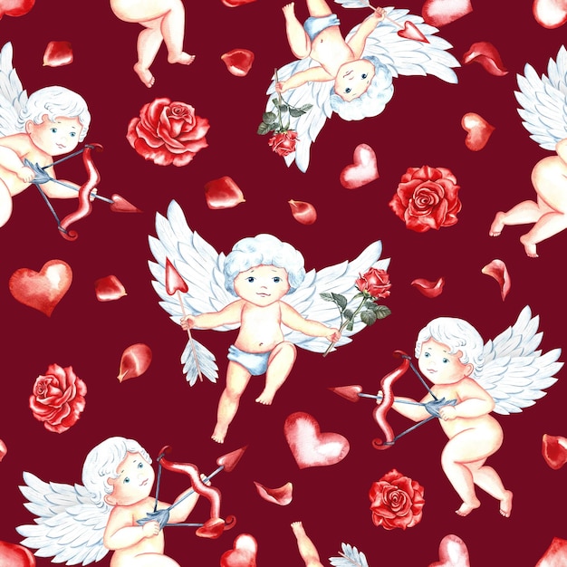 Seamless pattern with cute cupids with bow arrows and hearts Little angels Handdrawn watercolor