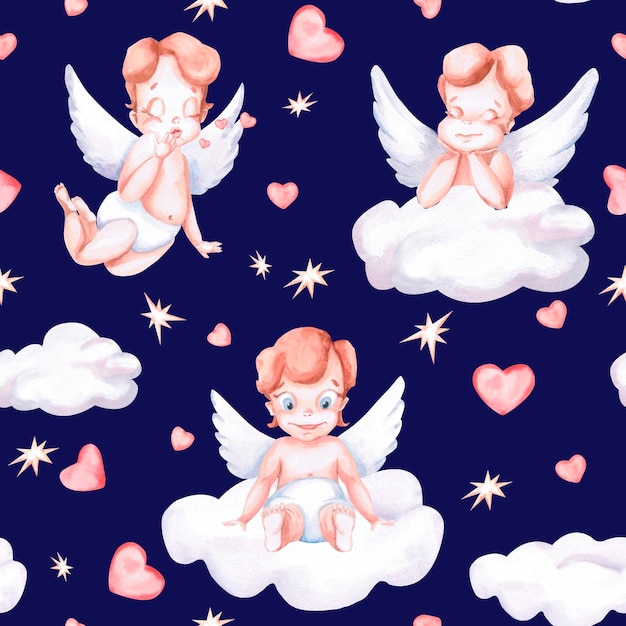 Seamless pattern with three angels with hearts on a blue background Watercolor illustration on the theme of St Valentines Day for decorating cafes printing on postcards fabric packaging