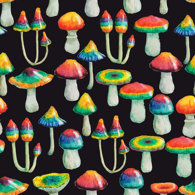 Seamless watercolor pattern with hand painted psychedelic mushrooms