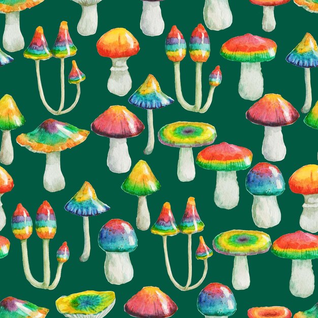 Seamless watercolor pattern with hand painted psychedelic mushrooms