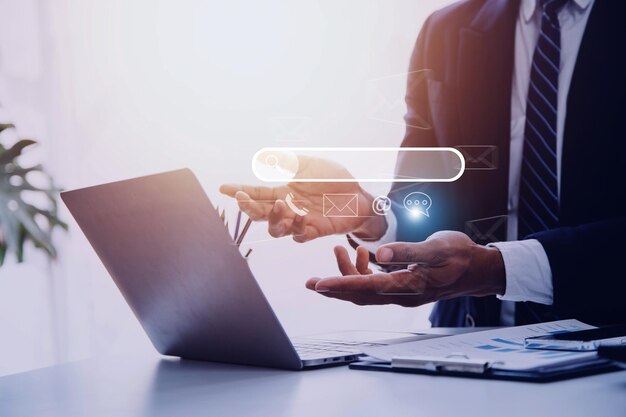 Search engine optimization SEO Searching Browsing Internet Data Information Networking Concept Businessman use smartphone for find data on networking copy space