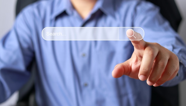 Searching Browsing Internet Data Information Networking Concept, Data Search Technology Search Engine Optimization, Male hand pressing Search button.