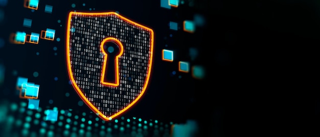 Security net and data protection concept with digital shield symbol with arrow inside covered by binary code on dark background with space for your advertising logo or poster 3D rendering mockup