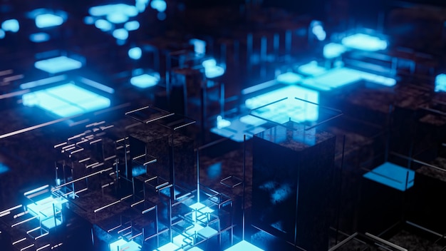 Seinä, jossa on useita sinisen ja punaisen valon 3d-renderöityjä kuvia