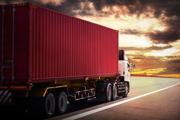 Semi TrailerTruck Driving on Road with Sunset Sky Shipping Container Trucks Freight Truck Logistic