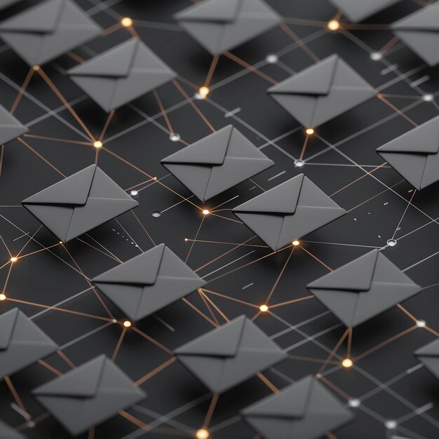 Sending and receiving email concept using black envelopes and dot lines connecting each