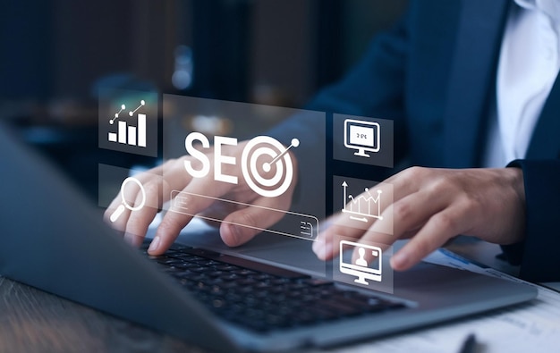 seo concept men use smartphones with laptops seo icon for analysis seo search engine optimization