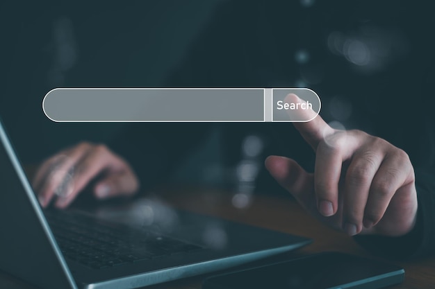 SEO Data Search Technology Search Engine Optimization search engine optimization mans hand using laptop to search information using search bar function on your website