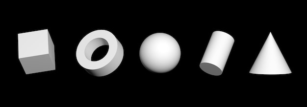 set of 3d shapes 3d render white geometric shapes isolated on black background primitives elements