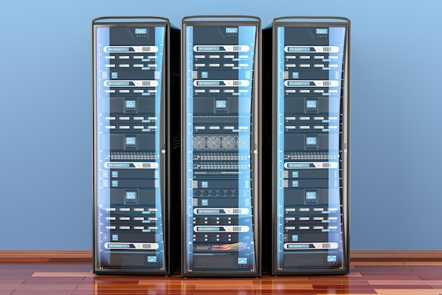 Set of Computer Server Racks in room on the wooden floor 3D rendering