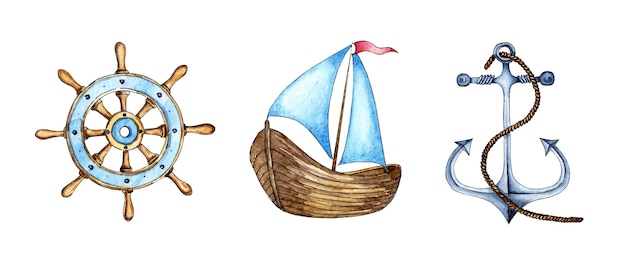 Set of watercolor illustrations of steering wheel sailboat anchor Naval support sailor property