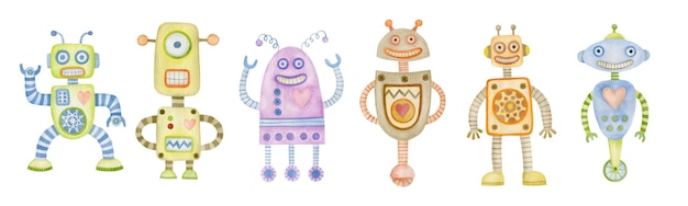 Set of watercolor illustrations robots party