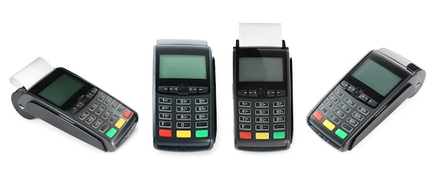 Set with modern payment terminals on white background Banner design