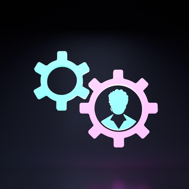 Settings icon two gears with neon elements on a black background 3D rendering illustration