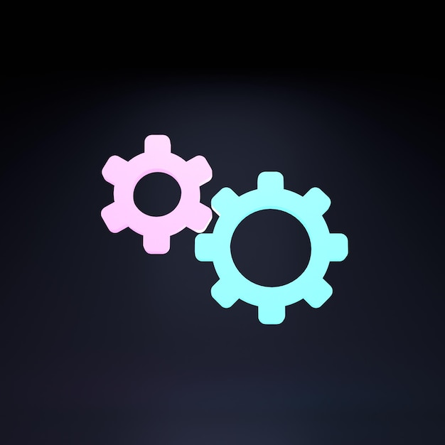Settings icon two gears with neon elements on a black background 3D rendering illustration