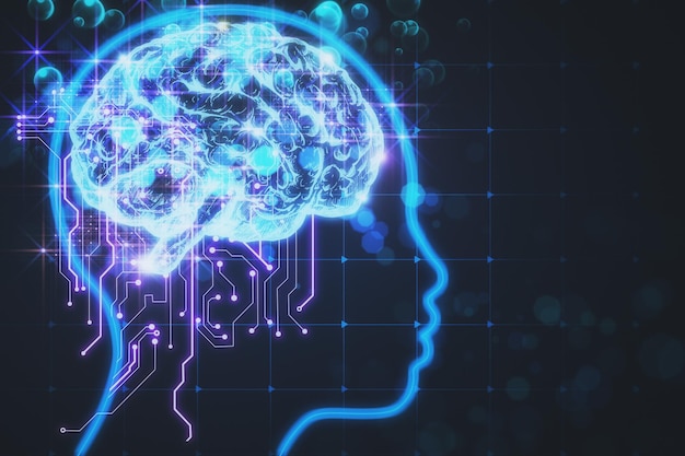 side view of abstract glowing digital head on dark background artificial intelligence and cyberspace concept 3d rendering