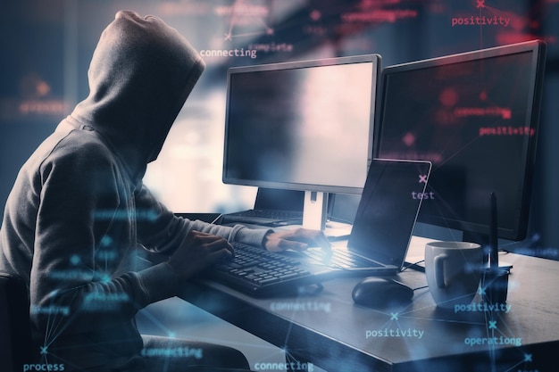 Side view of hacker at desktop using computers with creative process stages mesh on blurry office interior background Hacking system and software concept Double exposure