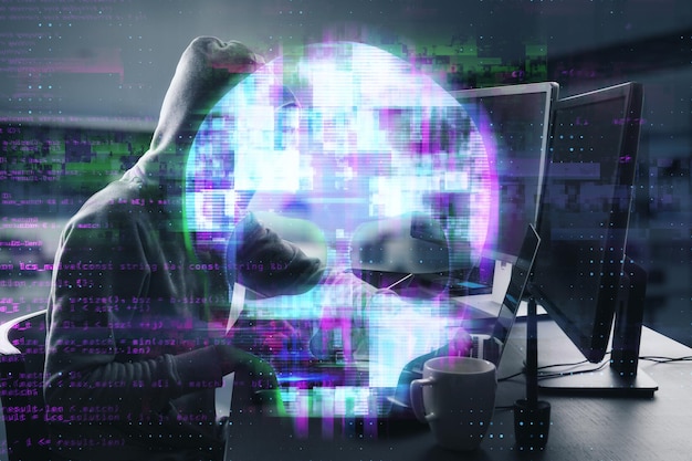 Side view of hacker at desktop using laptop computer keyboard with abstract digital skull hologram on blurry office interior backdrop Hacking danger virus malware and phishing concept Double exposure