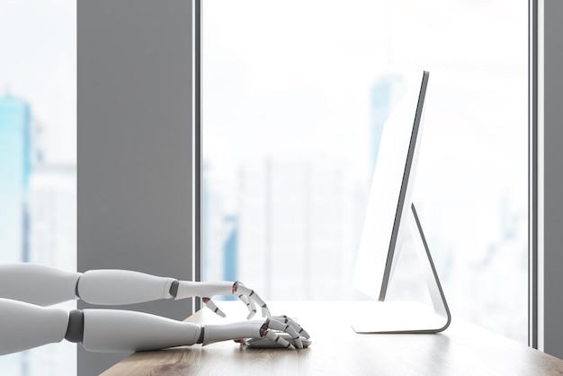 Side view of robot hands typing and using computer mouse in office with gray walls, large windows and wooden computer table. 3d rendering