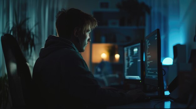 Side view of software developer coding program or engineering prompt aig